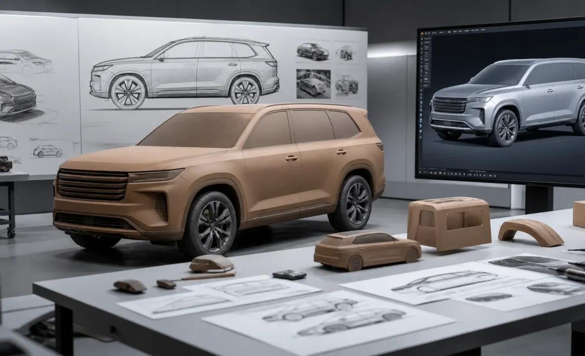 Unbranded family SUV being reviewed through clay models, sketches and a digital surface model