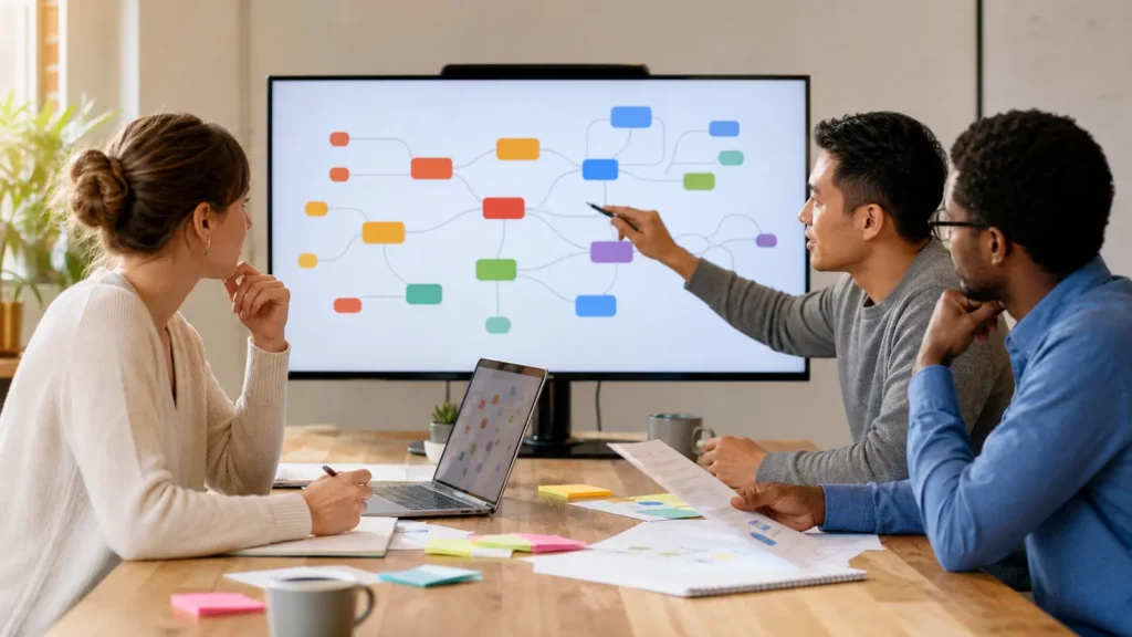 Project team testing a digital mind map during a collaborative planning session
