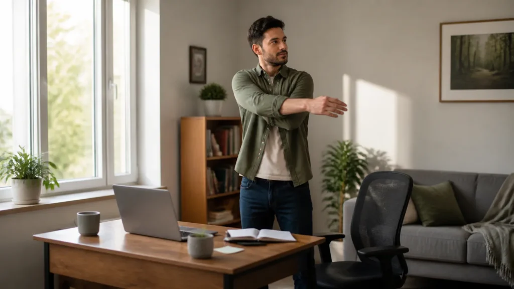 Remote worker taking a movement break beside a home-office desk