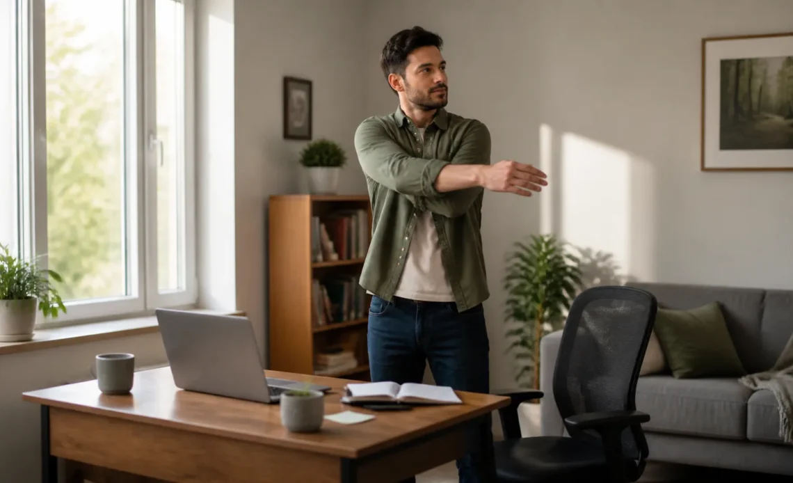 Remote worker taking a movement break beside a home-office desk