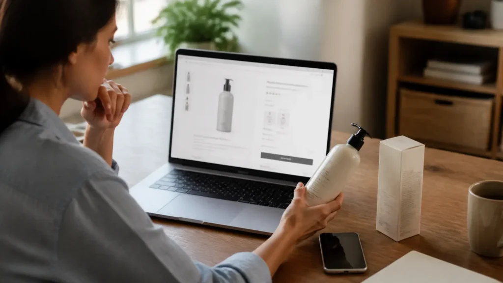 Online shopper comparing a product page with the physical product before checkout
