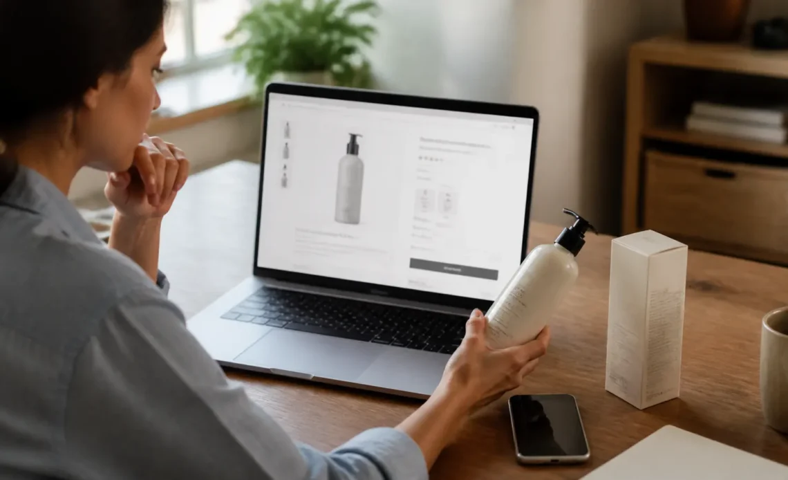 Online shopper comparing a product page with the physical product before checkout