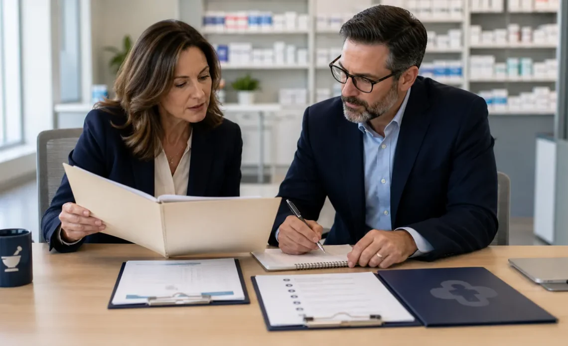 Hiring manager reviewing pharmacist credentials, interview notes and a recruitment service agreement
