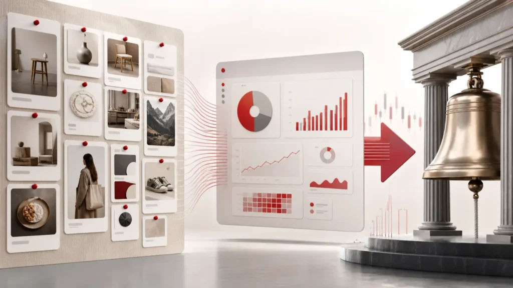 Visual discovery cards flowing into an advertising dashboard beside a stock exchange bell
