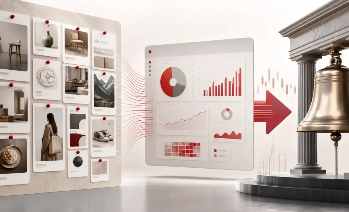 Visual discovery cards flowing into an advertising dashboard beside a stock exchange bell
