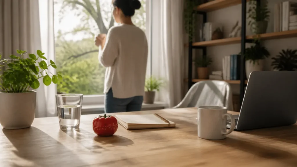 Remote worker taking a real break beside a desk with a Pomodoro timer