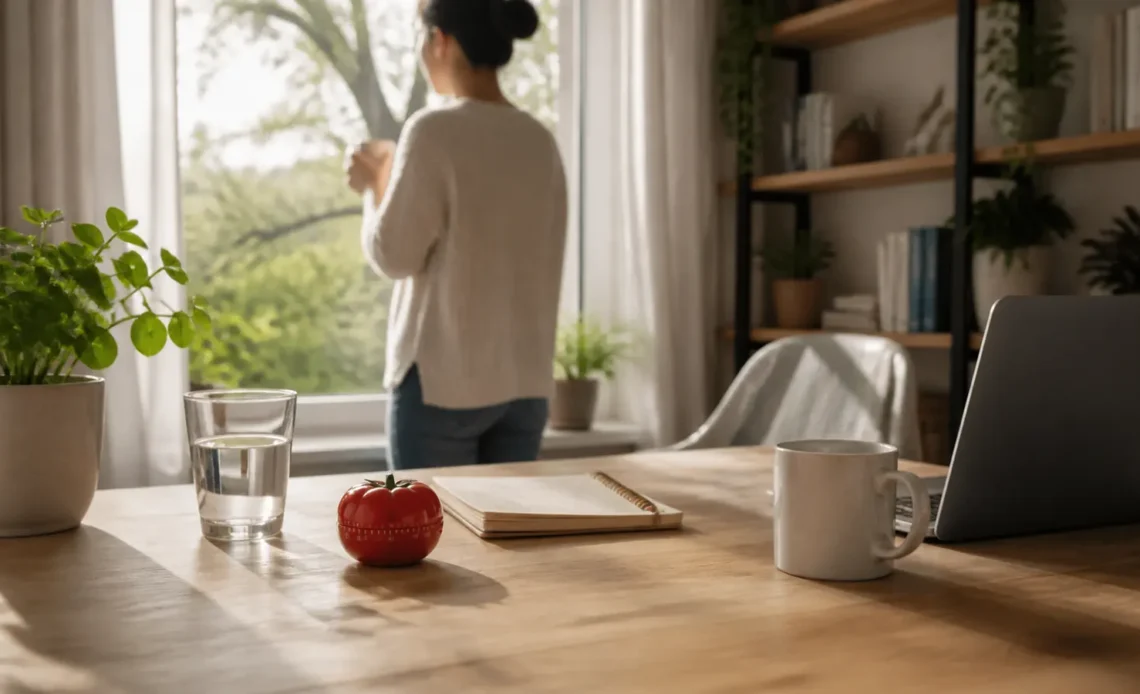 Remote worker taking a real break beside a desk with a Pomodoro timer