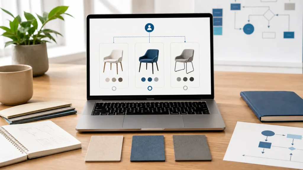 Three product options and material samples arranged for comparison