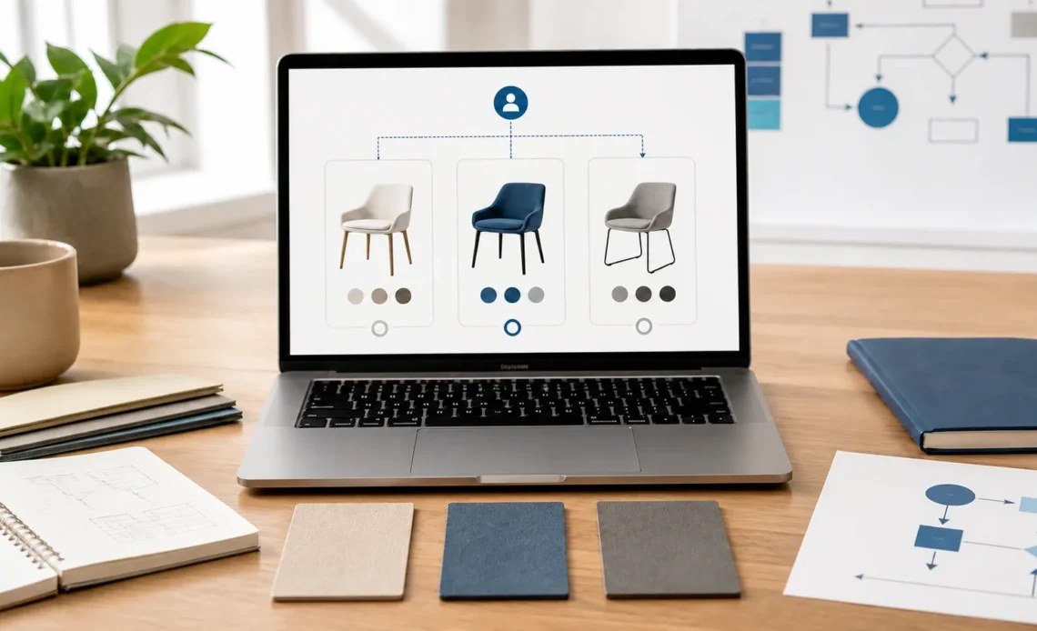 Three product options and material samples arranged for comparison