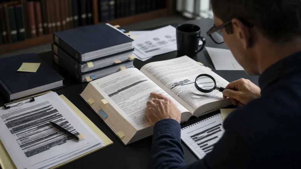 Analyst comparing an official investigation report, its footnotes, a summary and a redaction log
