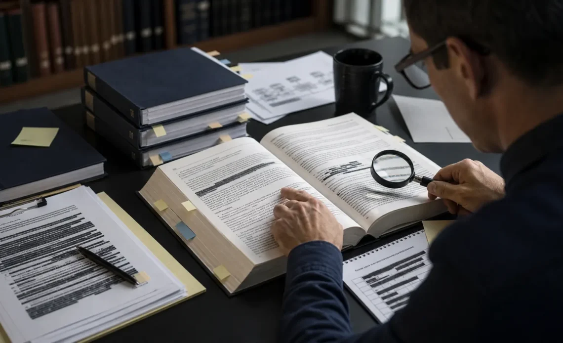 Analyst comparing an official investigation report, its footnotes, a summary and a redaction log