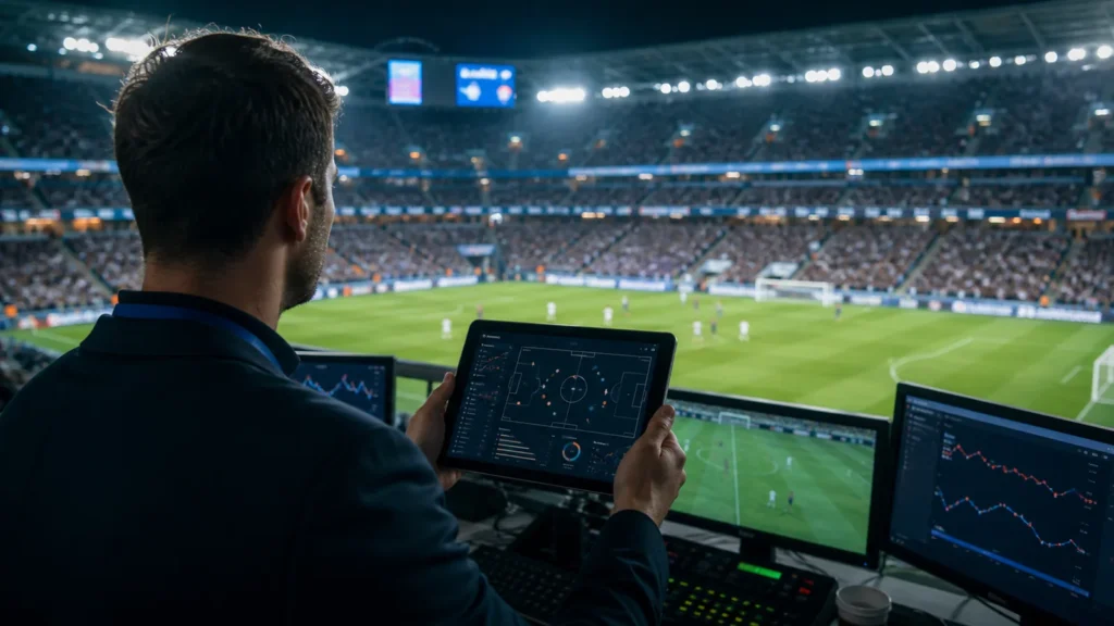 Sports data analyst reviewing live match tracking on a tablet