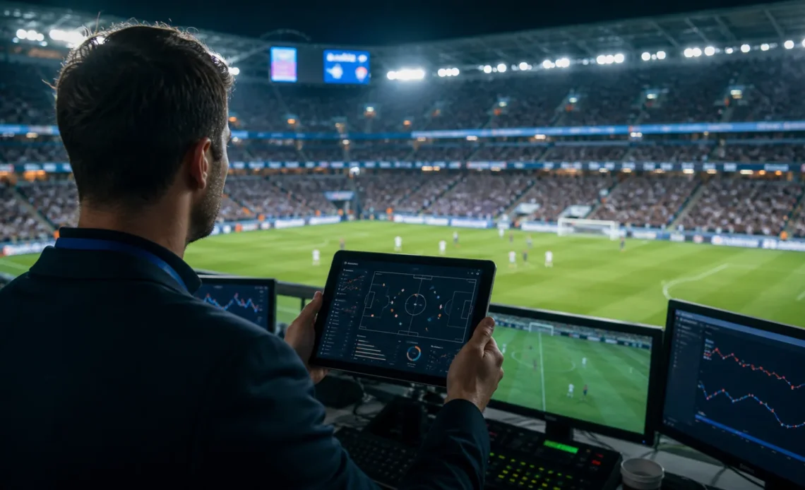 Sports data analyst reviewing live match tracking on a tablet