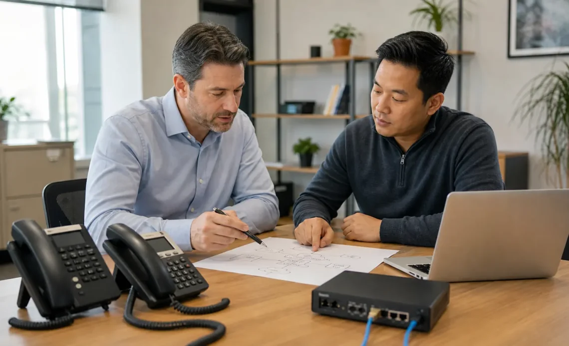 Small-business owner and IT consultant planning a SIP trunking migration with desk phones and network equipment