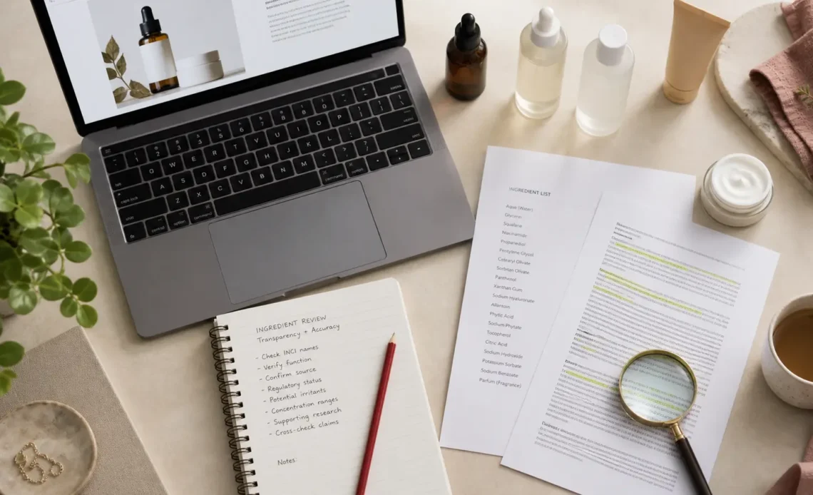 Beauty editor comparing skincare packaging, an ingredient list and supporting research