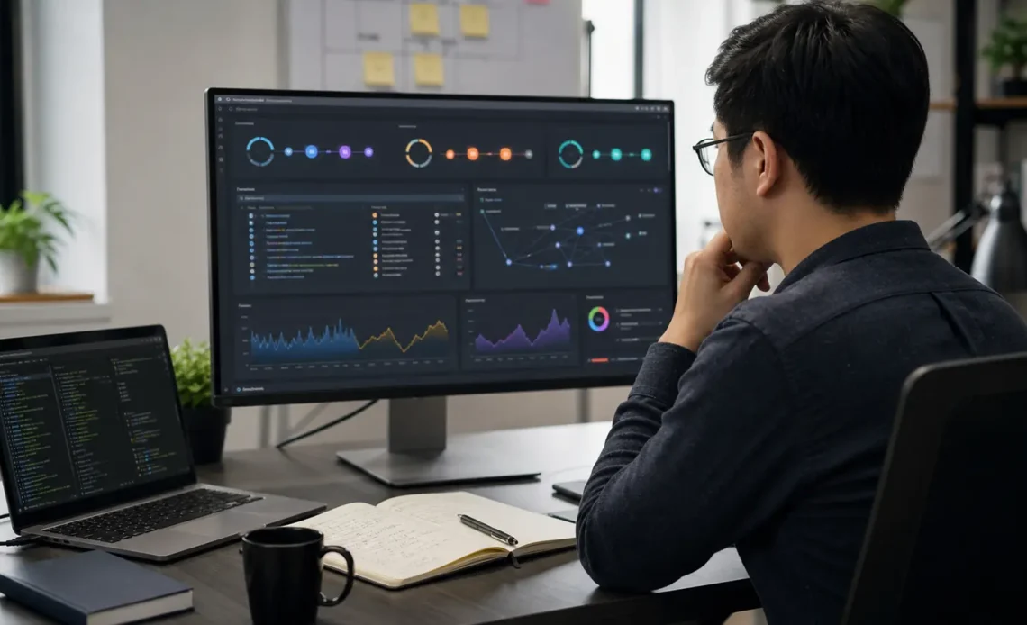 Software developer reviewing token balance API responses, network data and test results