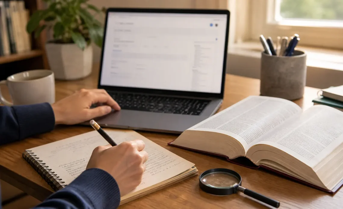 Researcher comparing an online search with a dictionary and written source notes