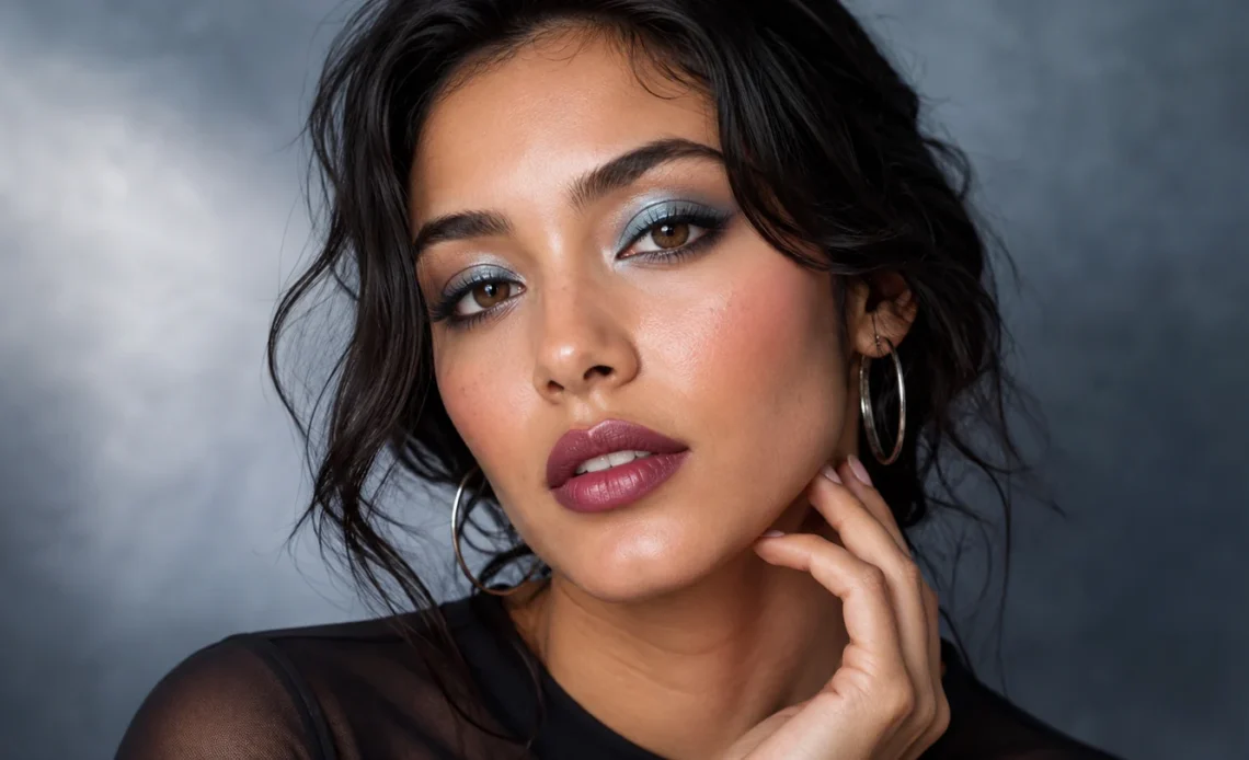 Woman wearing blue eyeshadow, soft liner and a berry lip