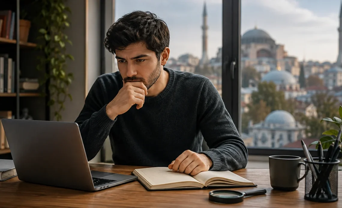 Language learner checking a Turkish word at a desk