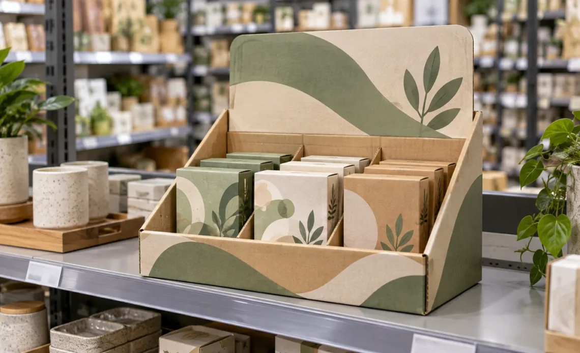 Custom cardboard counter display holding products on a retail shelf