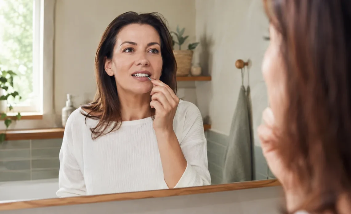 Adult using an interdental brush as part of daily dental implant care