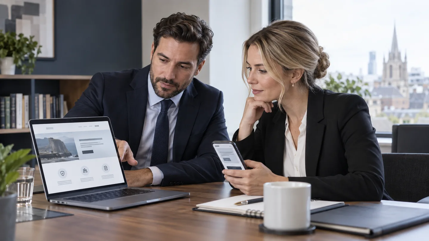 Two legal professionals reviewing a law firm website on a laptop and phone