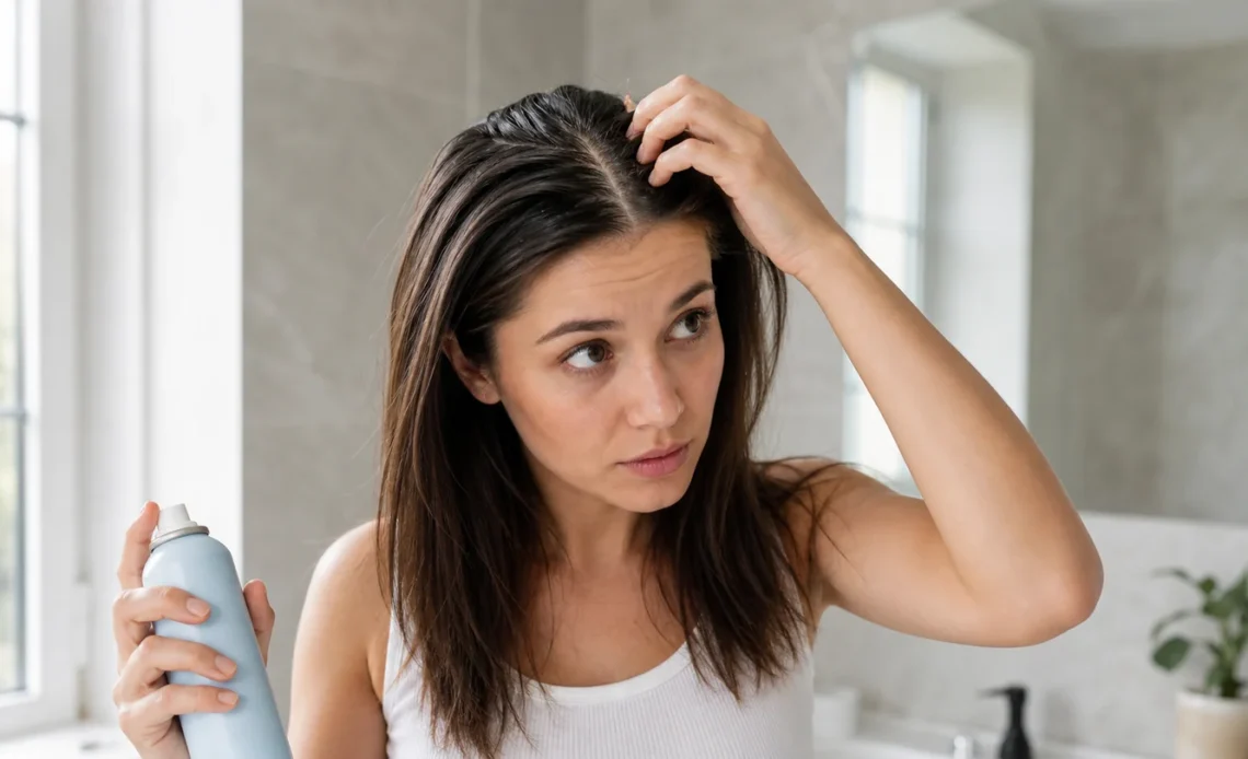 Woman checking oily roots before using dry shampoo