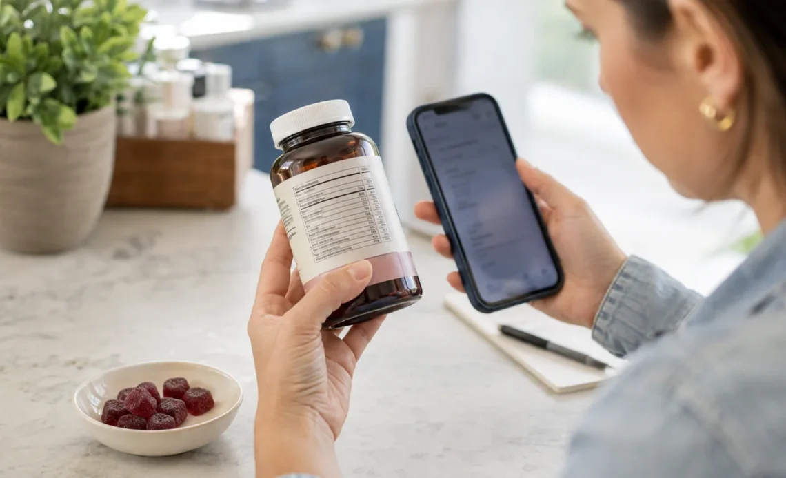 Shopper comparing a weight-loss gummy supplement label with information on a phone
