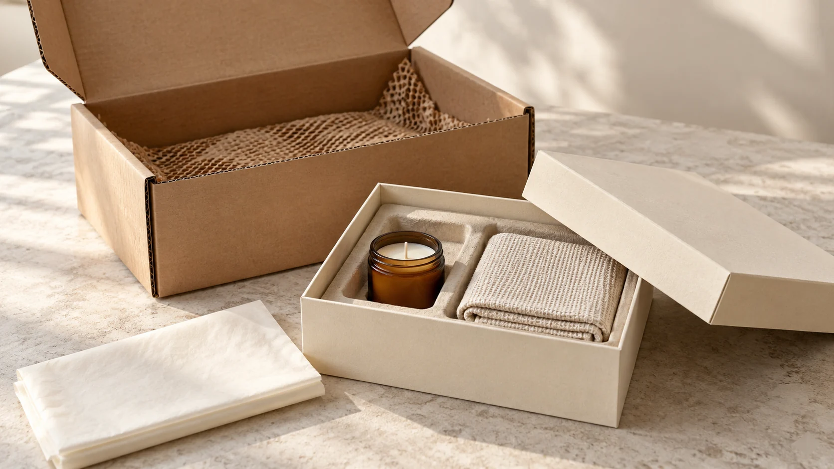 Alt text: Open cardboard gift box with a fitted paper insert and corrugated shipping mailer