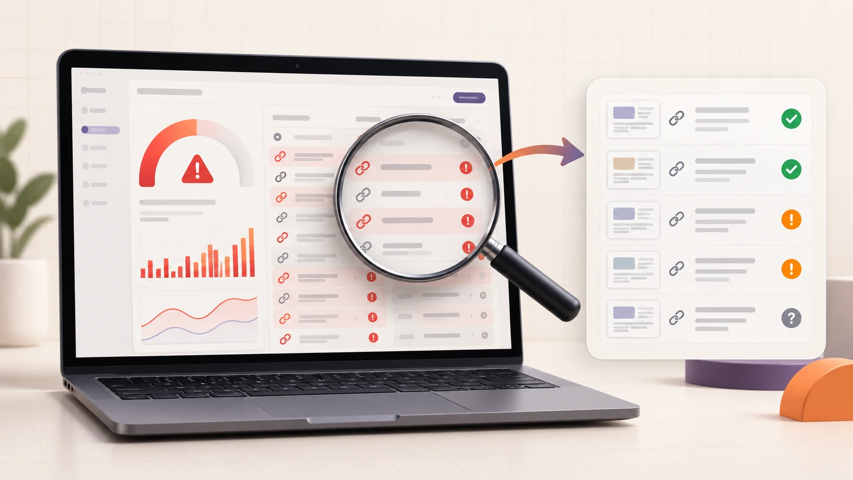Backlink audit dashboard moving from red toxicity warnings to verified link evidence